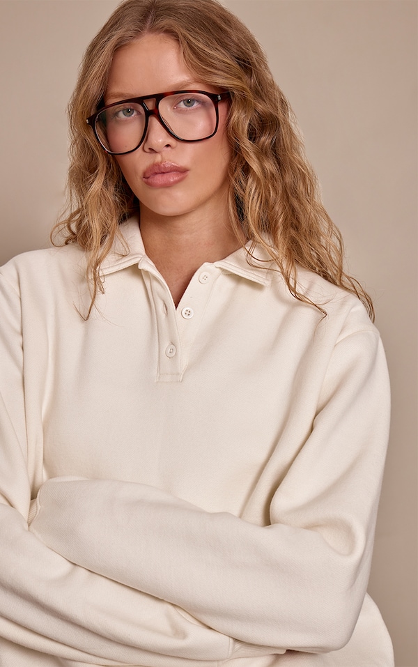 Cream  Cotton Fleece Polo Sweatshirt
