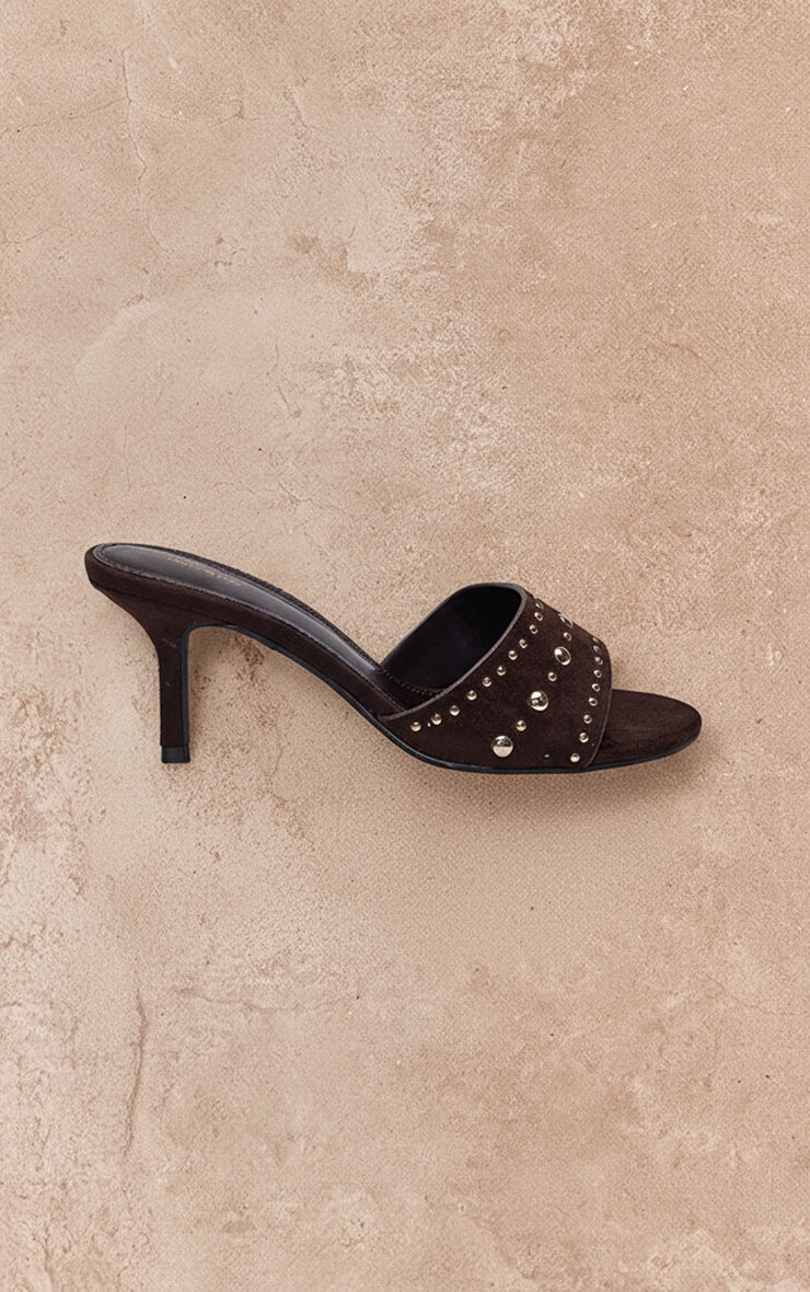 Chocolate Faux Suede Studded Kitten Heel Mule