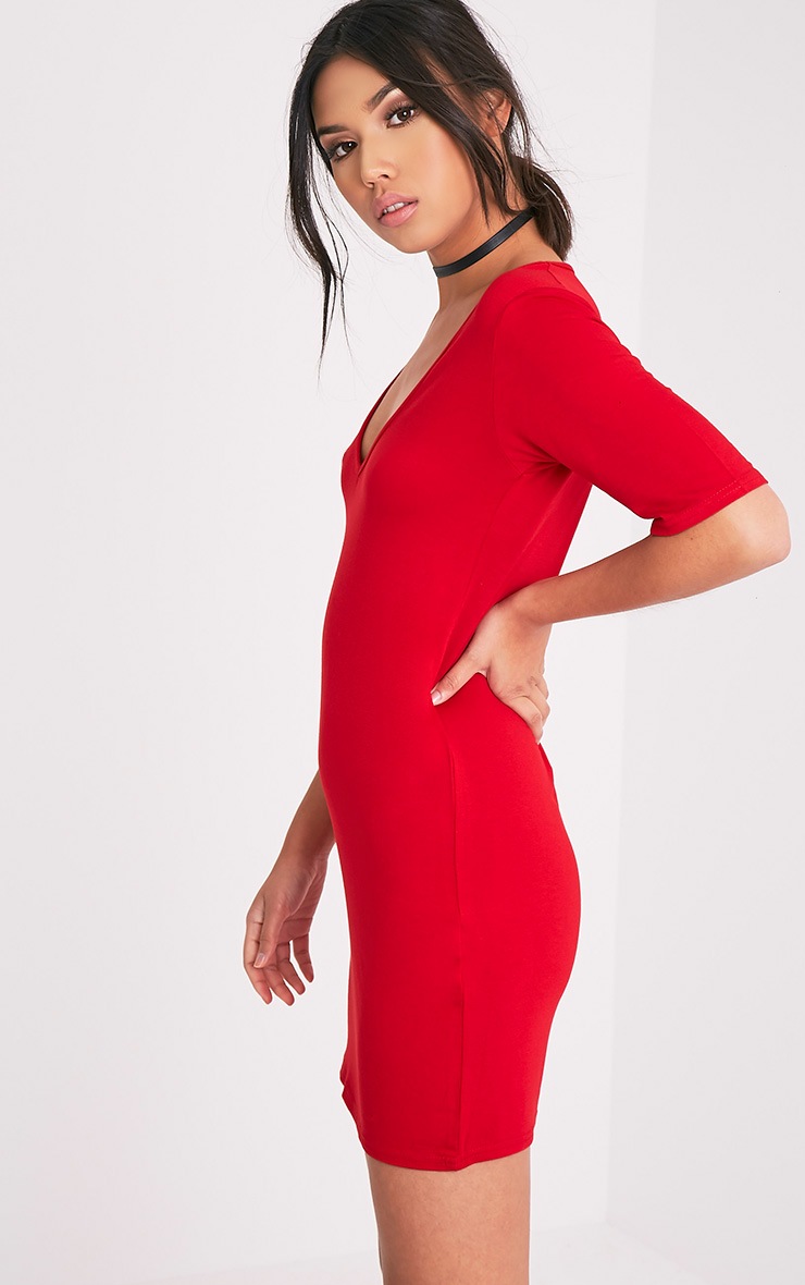 Basic Red Plunge V Neck T Shirt Dress - Dresses - PrettylittleThing | PrettyLittleThing