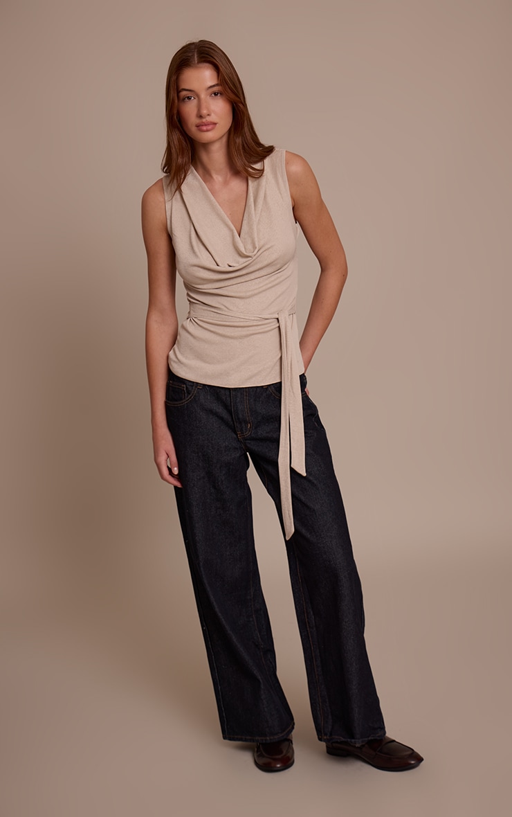 Beige Burnout Mesh Tie Waist Detail Cowl Neck Long Top image 3