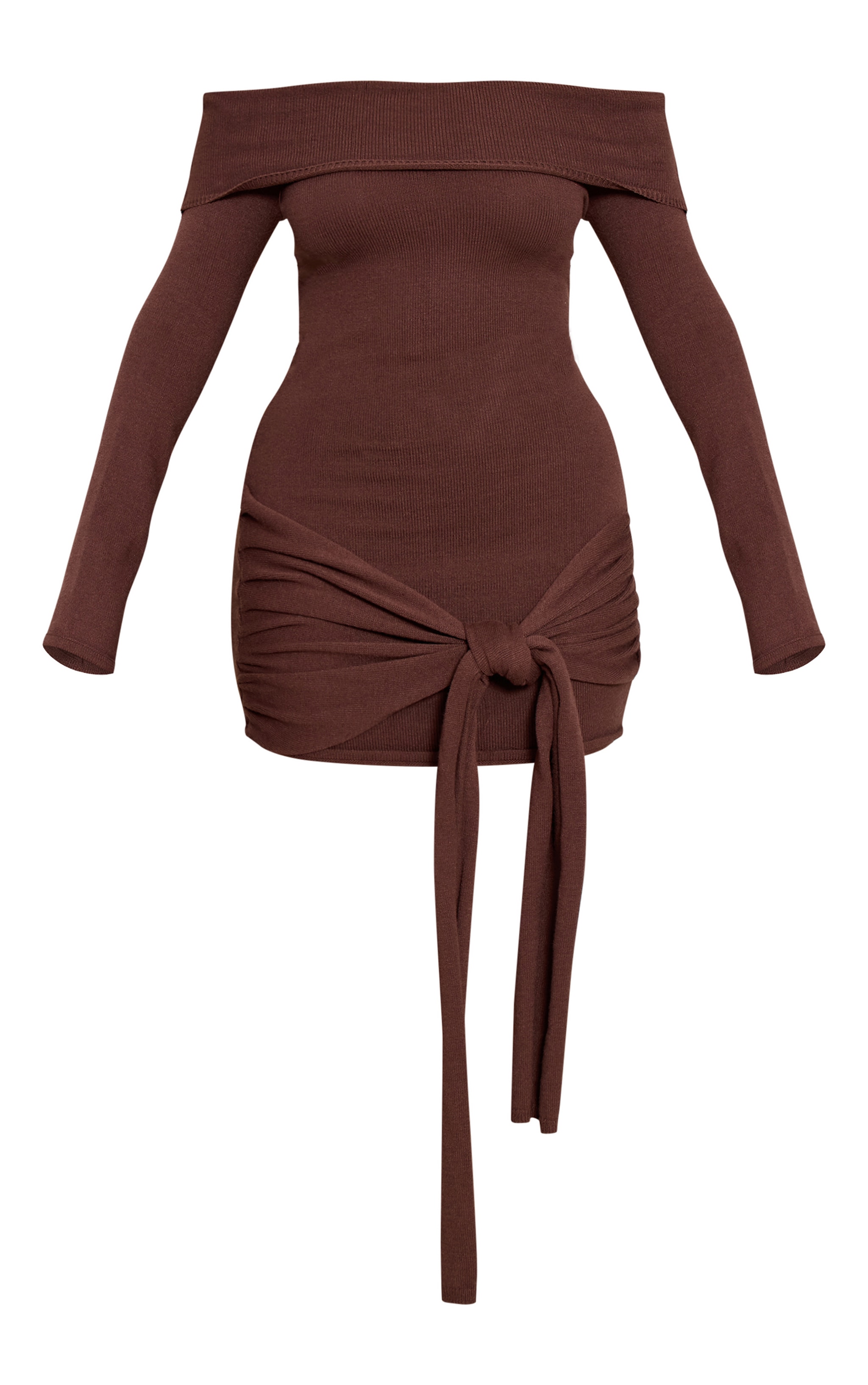 Shape Mini robe bardot en maille tricot chocolat à manches longues et partie nouée image 5