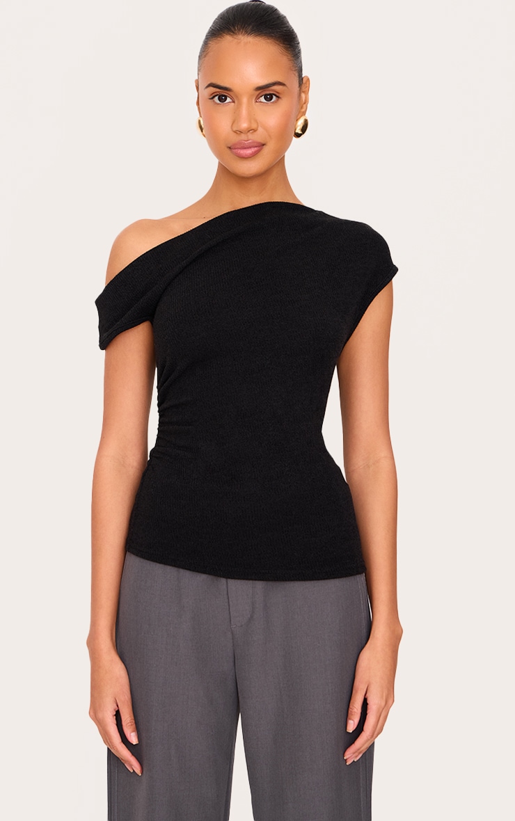 Black Textured Ruched Asymmetric Longline Top image 1