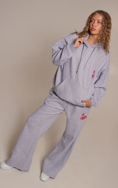 Grey Marl Cherry Print Oversized Wide Leg Sweatpants