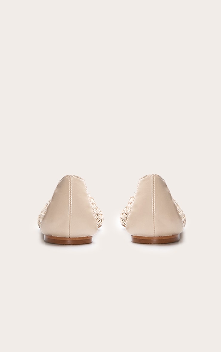 Cream Pu Round Toe Woven Ballet Flats image 3
