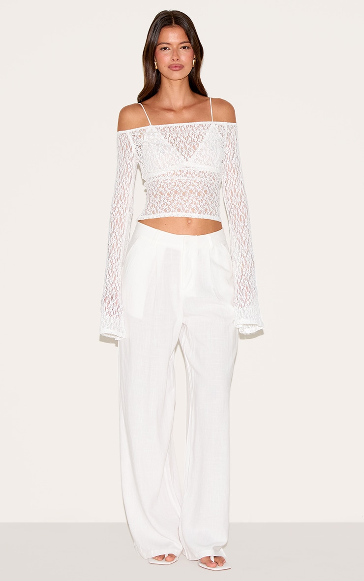 White Textured Sheer Lace Bardot Flared Sleeve Long Top image 3