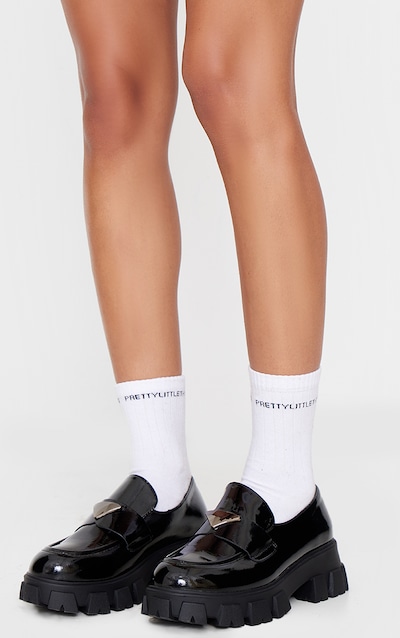 Black Patent PU Round Toe Trim Chunky Sole Loafers