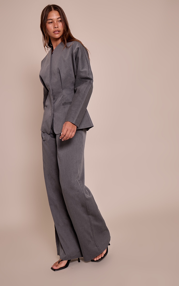 Charcoal Grey Premium Woven Tailored Wide Leg Pleated Pants image 2