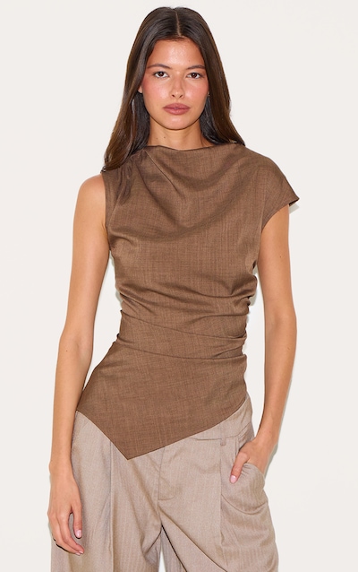 Chocolate Woven Ruched Asymmetric Long Top