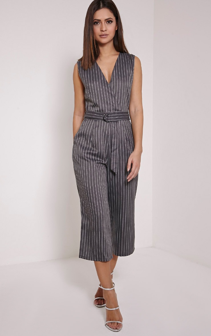 Kimmi Grey Pinstripe D Ring Culotte Jumpsuit PrettyLittleThing