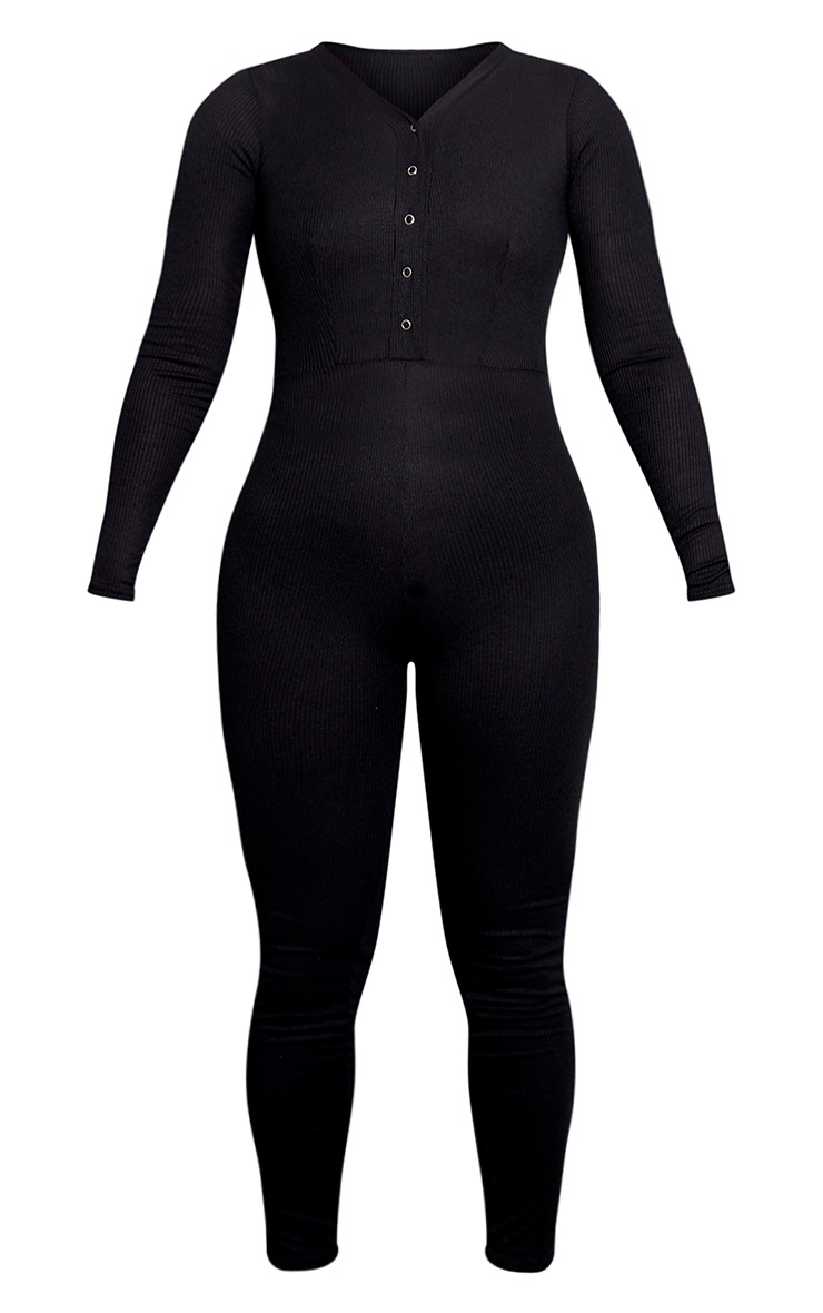 Plus Black Rib Popper Detail Long Sleeve Jumpsuit image 3