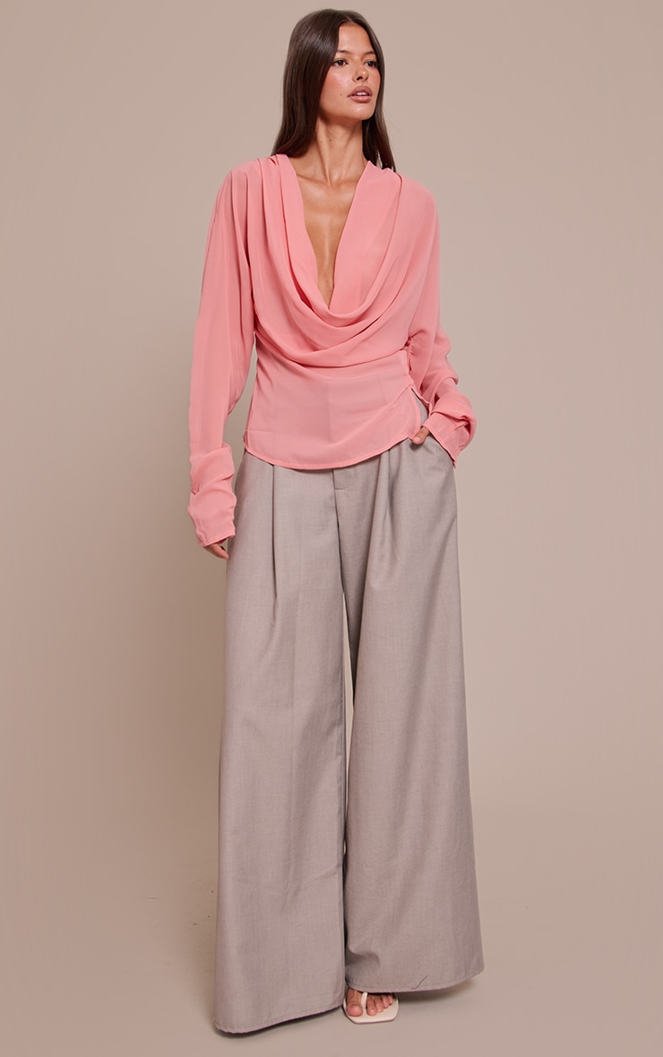 Peach Chiffon Cowl Neck Long Sleeve Blouse