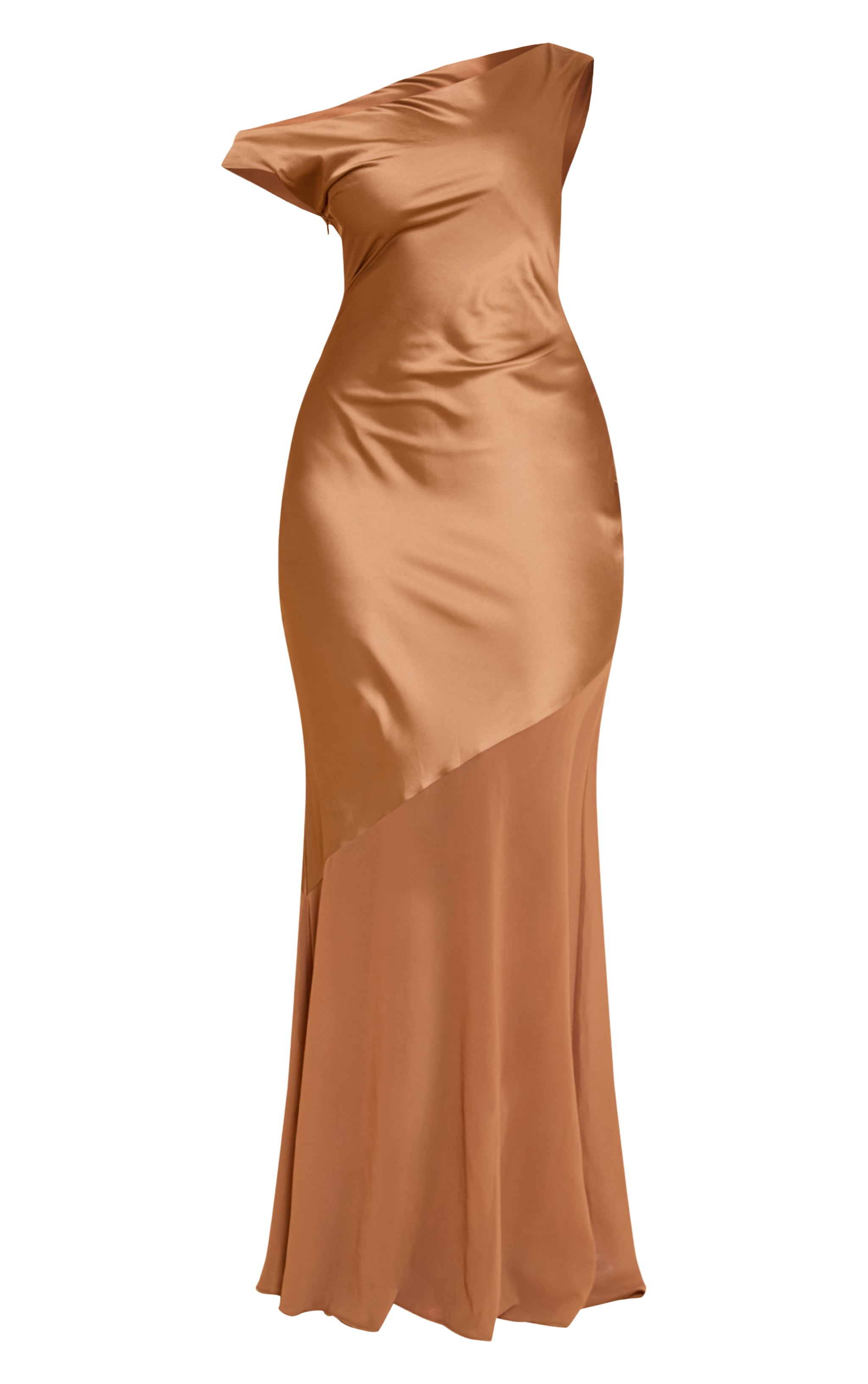 Shape Mocha Satin Off Shoulder Contrast Sheer Hem Maxi Dress image 5