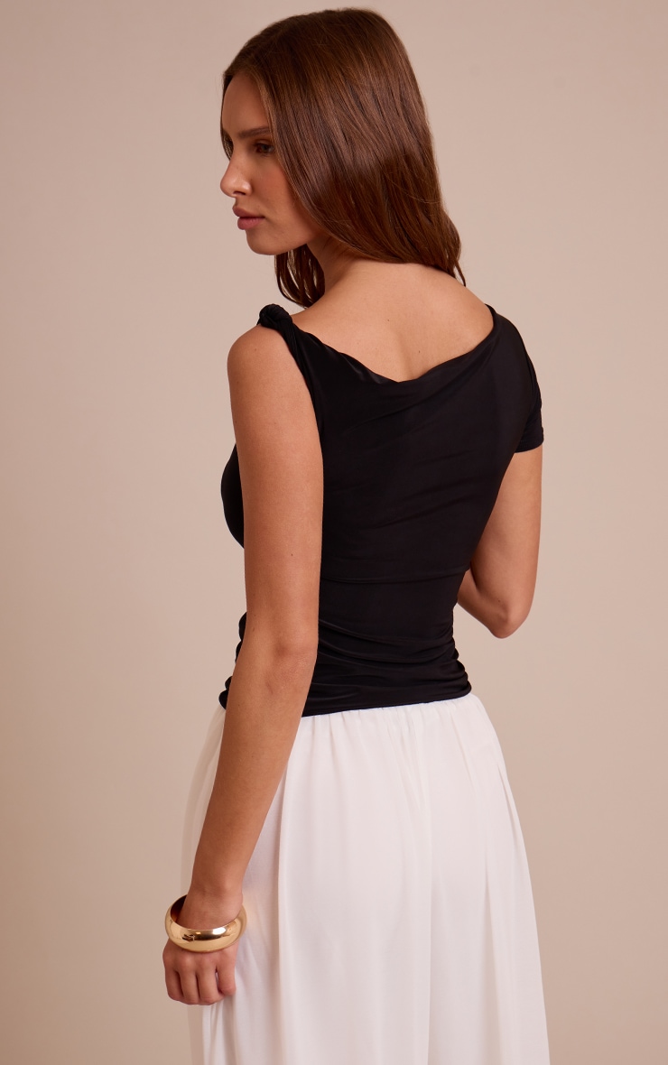 Black Double Layer Slinky Asymmetric Knot Detail Long Top  image 2