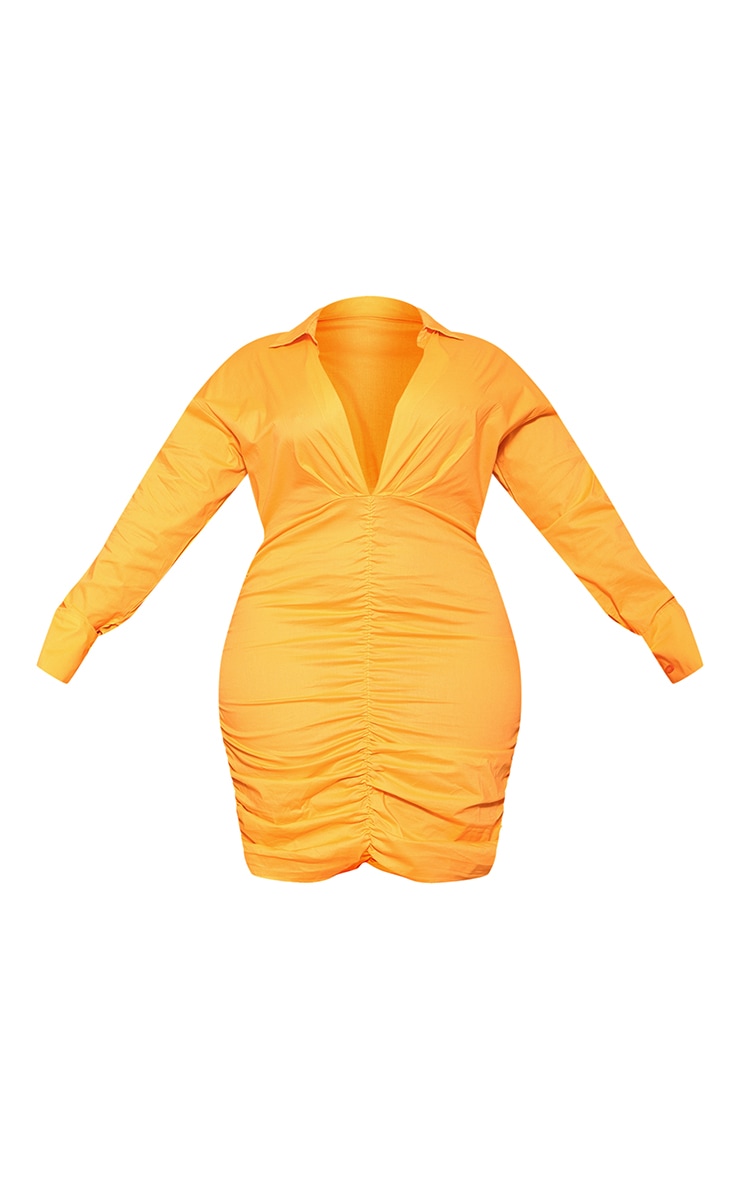 Plus Bright Orange Woven Ruched Front Collared Dress image 1