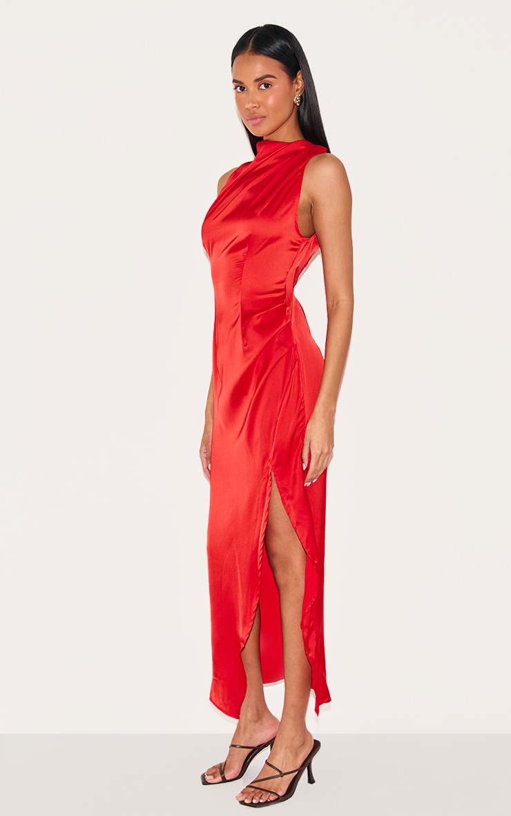 Red Satin High Neck Ruched Back Detail Midi Dress image 3