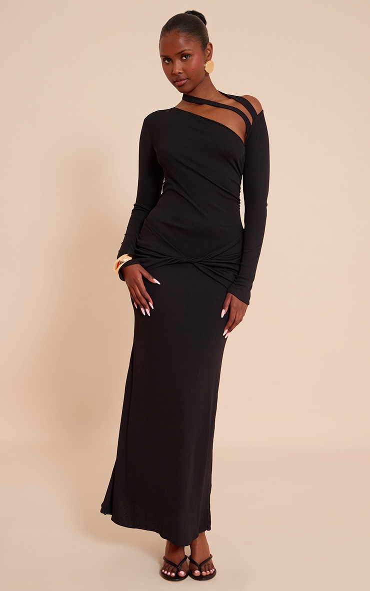 Black Burnout Mesh Ruched Asymmetric Maxi Dress image 1
