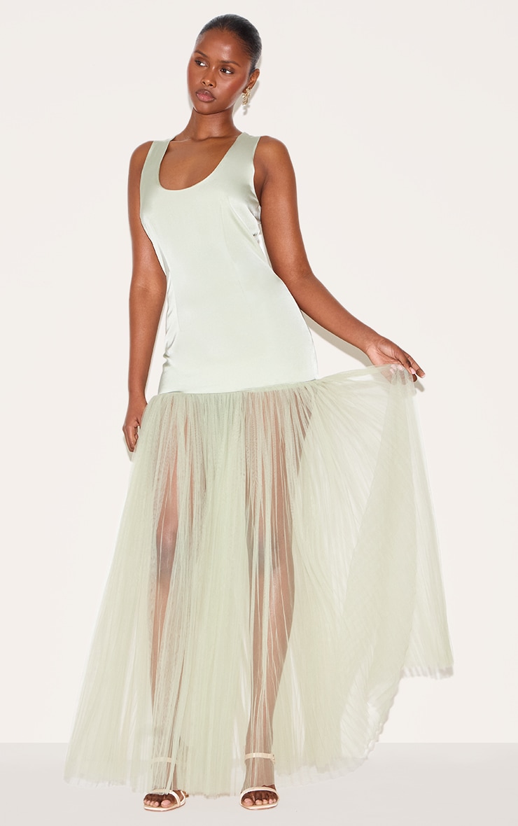 Sage Green Scoop Neck Drop Waist Maxi Dress image 3