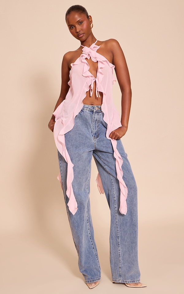 Pink Chiffon Ruffle Drape Detail Longline Top