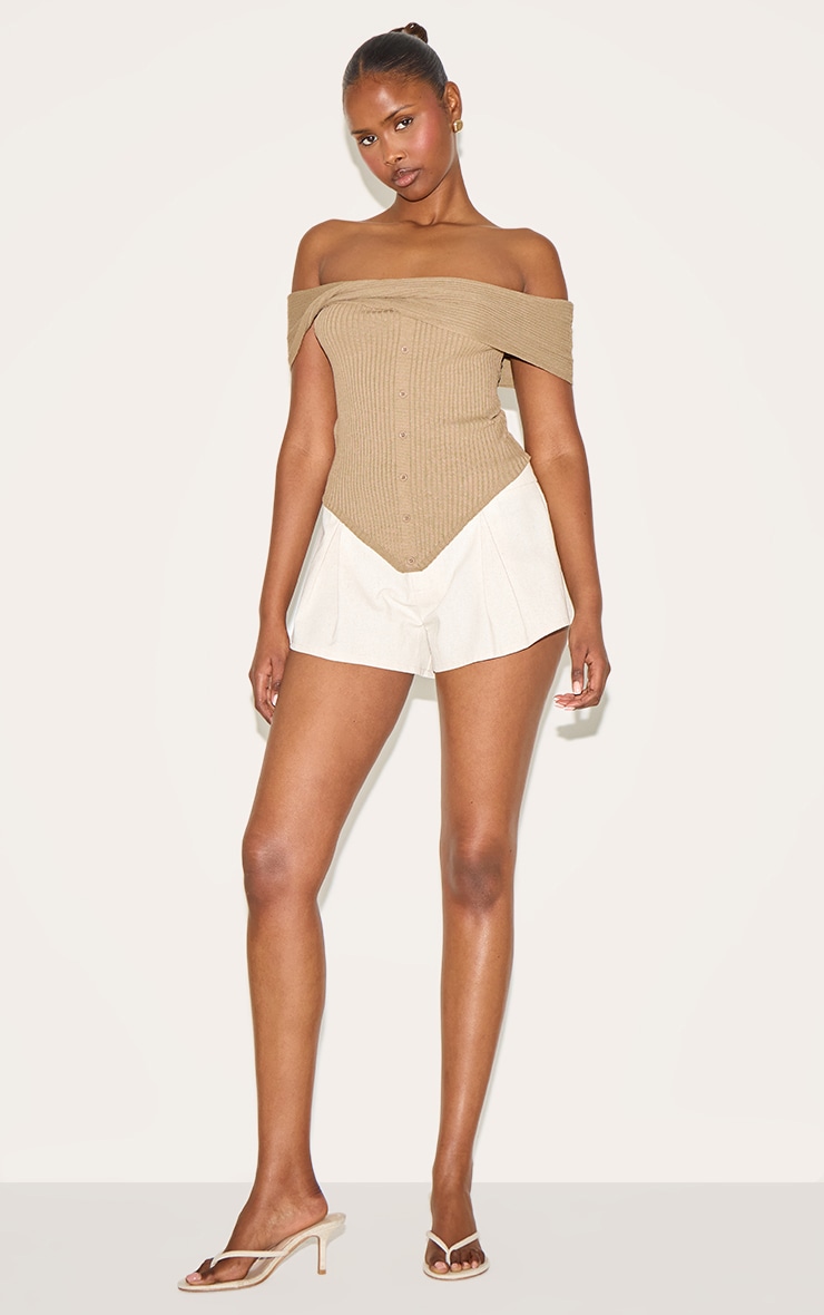 Taupe Rib Knit Twist Bardot Button Through Top image 3