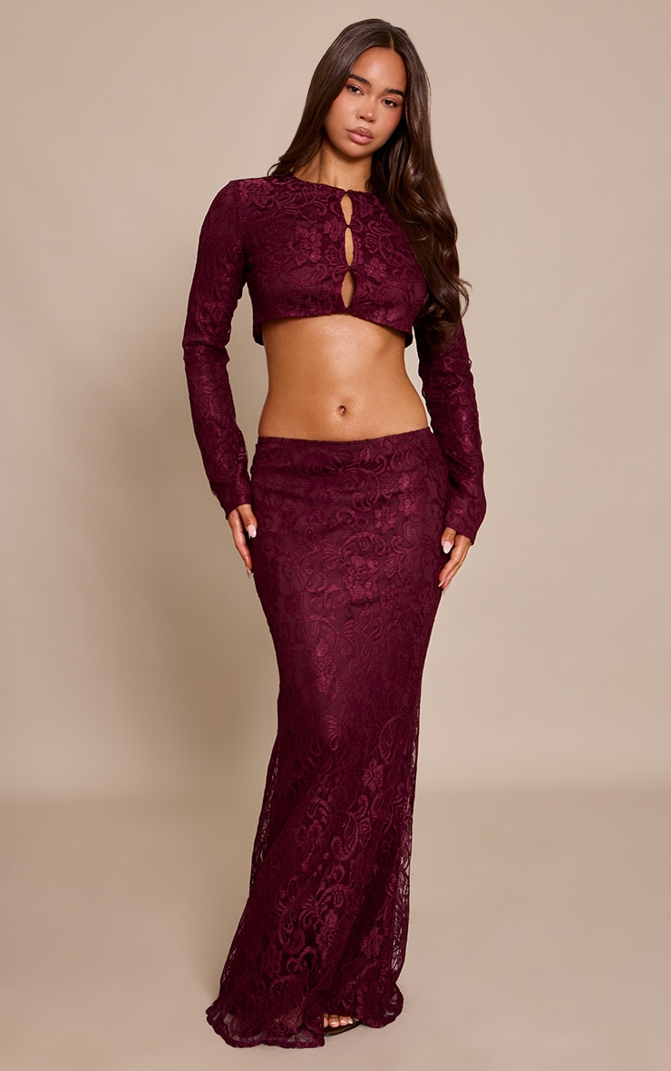 Plum Lace Button Long Sleeve Cropped Top image 3