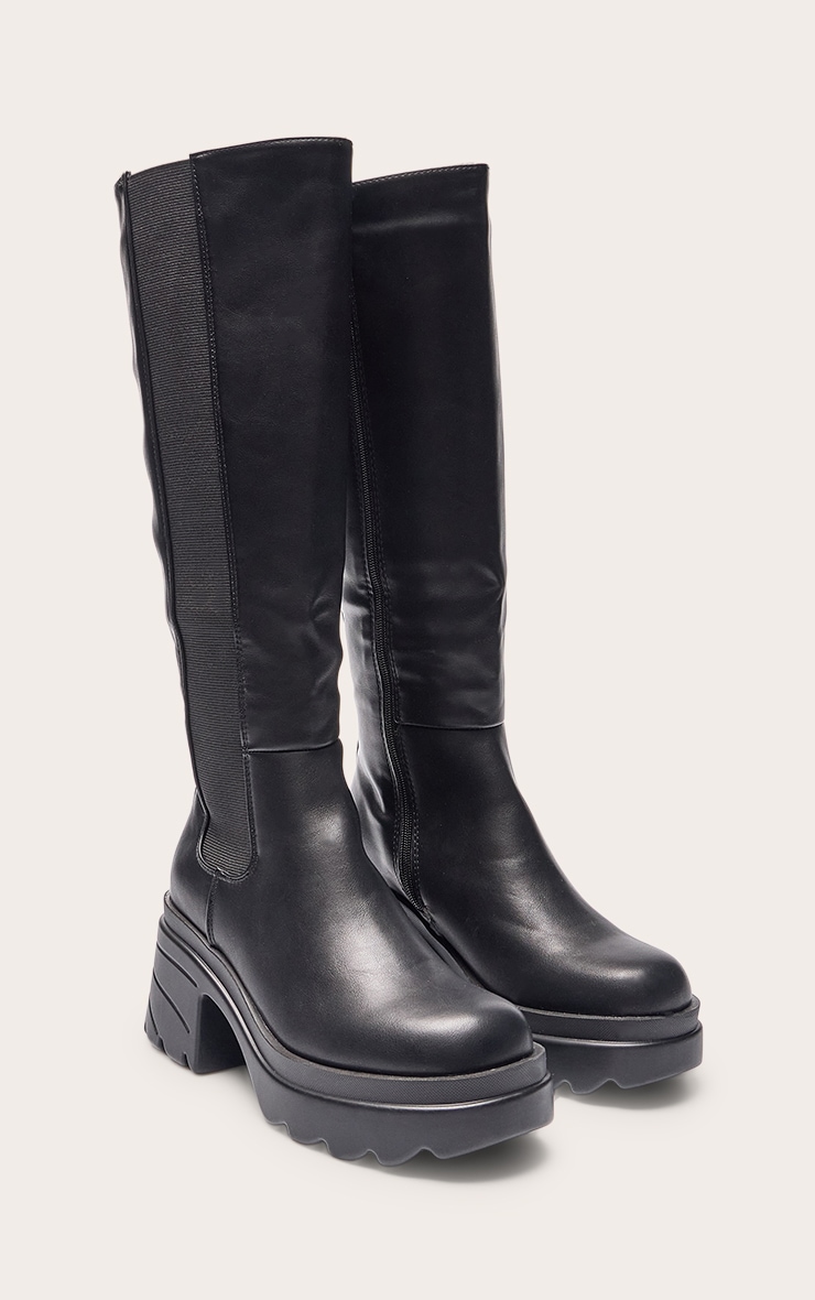 Black Pu Chunky Chelsea Heeled Knee High Boots image 3