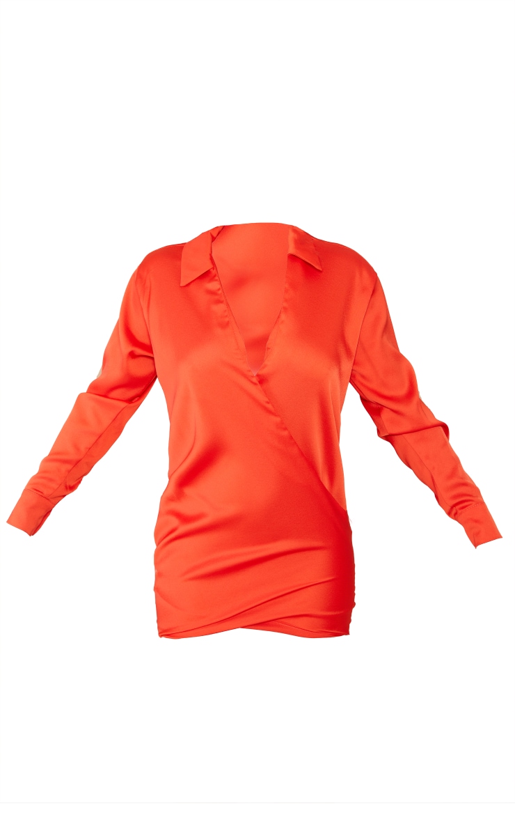 Orange Textured Satin Plunge Wrap Shirt Dress image 5