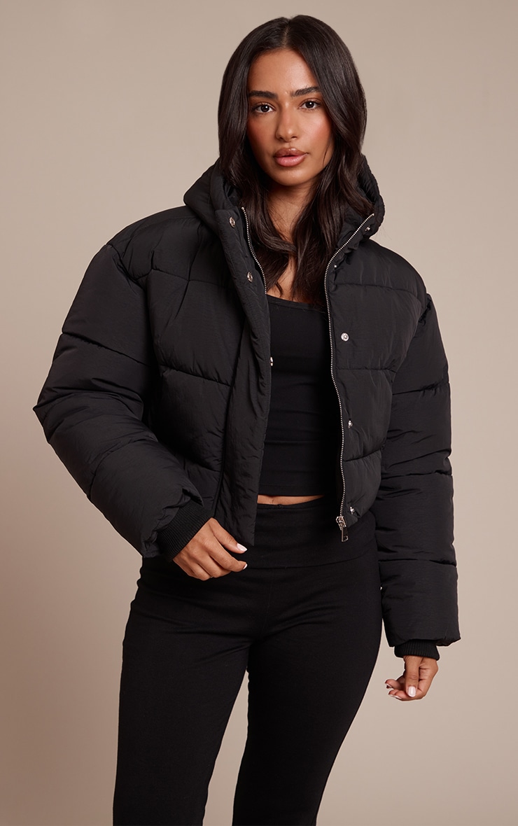 Petite Black Cropped Drawstring Puffer Jacket image 1