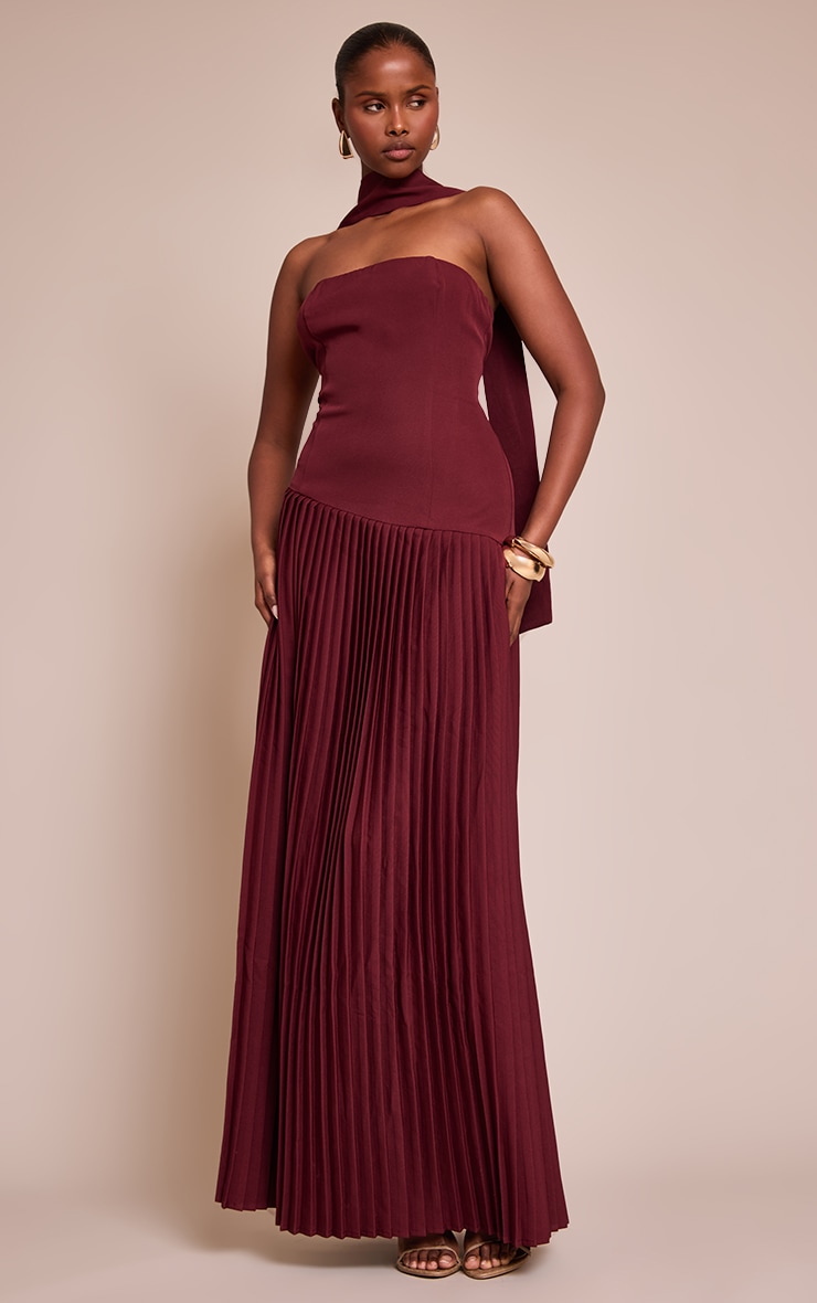 Wine Woven Asymmetric Pleated Maxi Dress image 1
