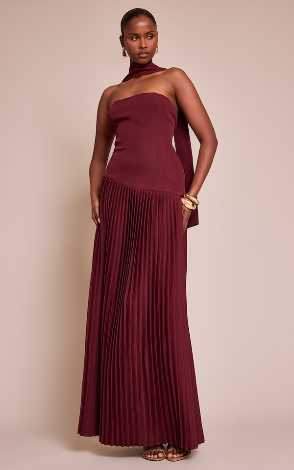 Wine Woven Asymmetric Pleated Maxi Dress