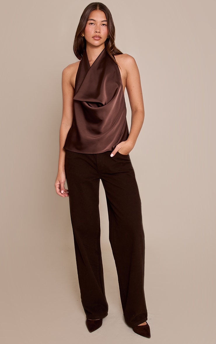 Chocolate Satin Longline Cowl Neck Top image 3
