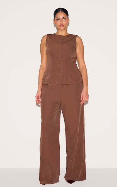 Plus Chocolate Brown High Neck Waistcoat Straight Leg Jumpsuit