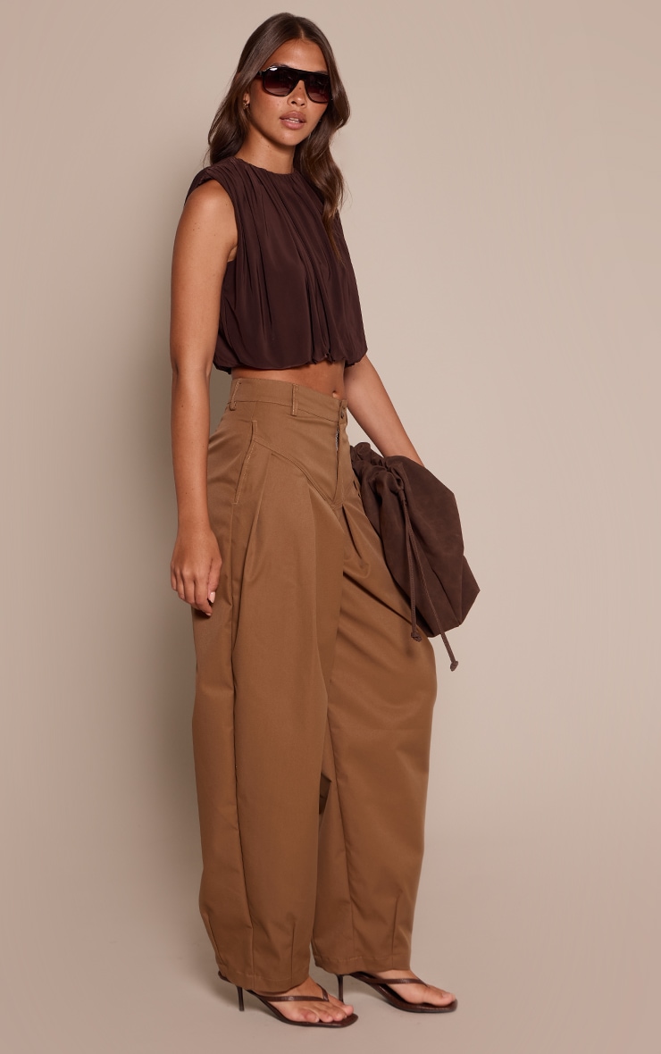 Chocolate Slinky Bubble Hem Shoulder Detail Top image 3