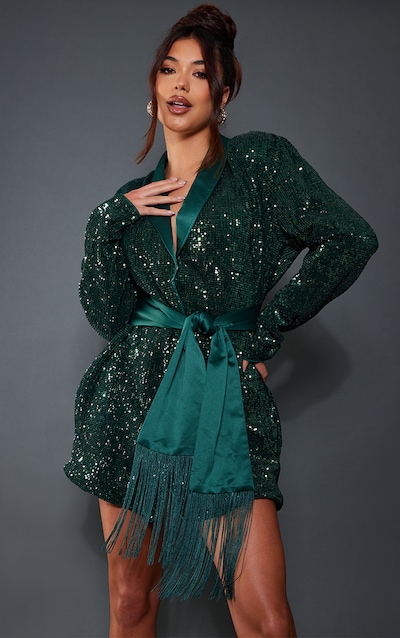 Emerald Green Sequin Tassel Tie Detail Blazer Dress
