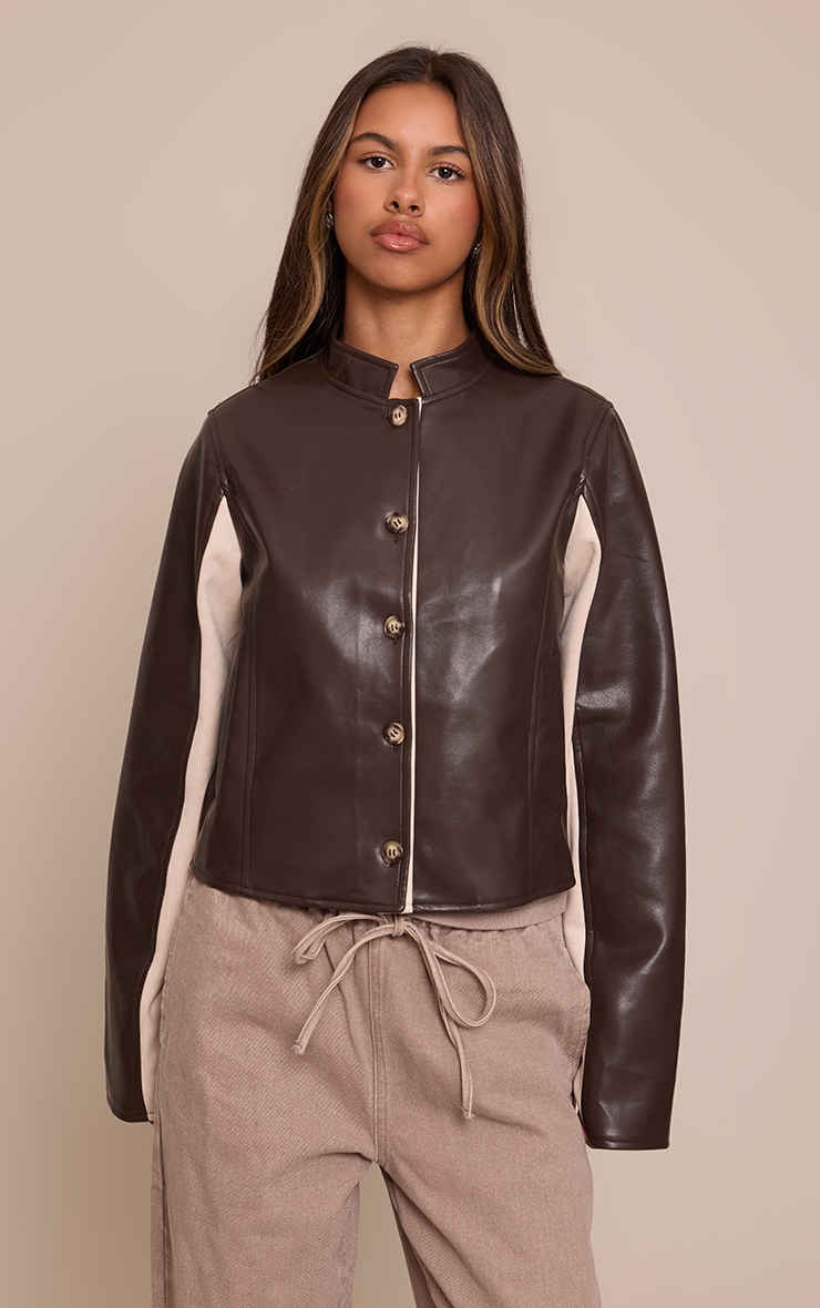 Petite Chocolate Faux Leather Panelled Fitted Jacket