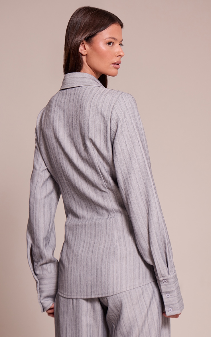 Light Grey Pinstripe Woven Asymmetric Button Shirt image 2