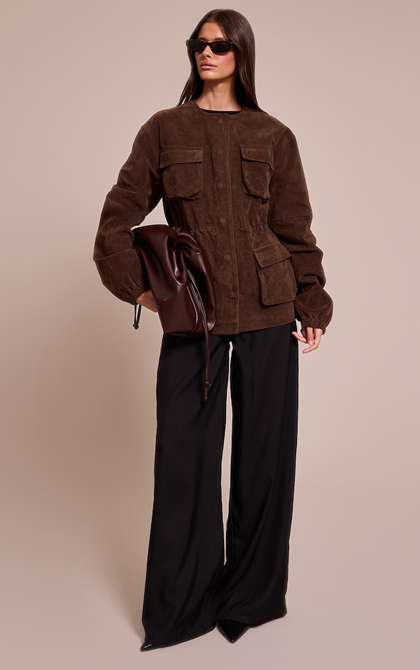 Chocolat Structured Faux Suede Pocket Détail Adjustable Waist Veste