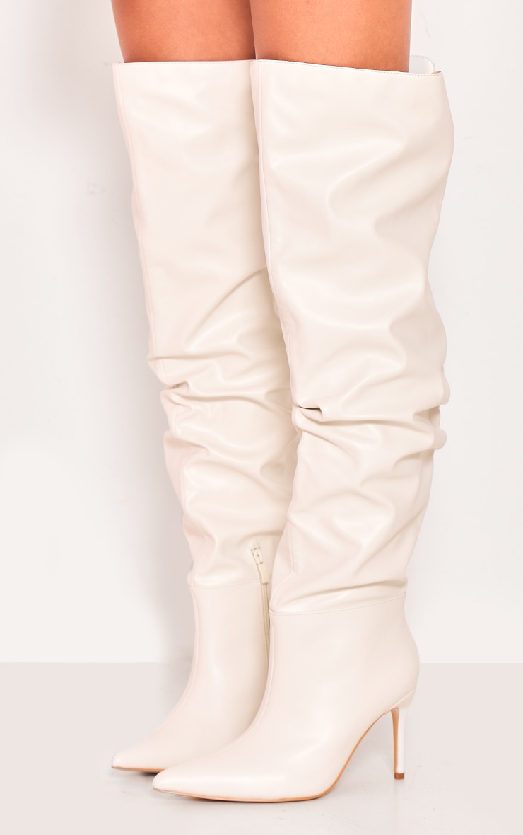 White Wide Fit Pu Point Toe Over The Knee High Heeled Boots image 4