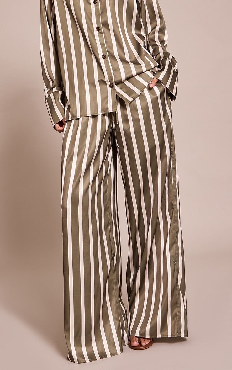 Khaki Satin Pinstripe Wide Leg Pants image 2