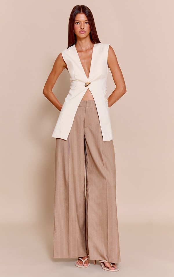 Premium Taupe Woven Pinstripe Tailored Straight Leg Pants