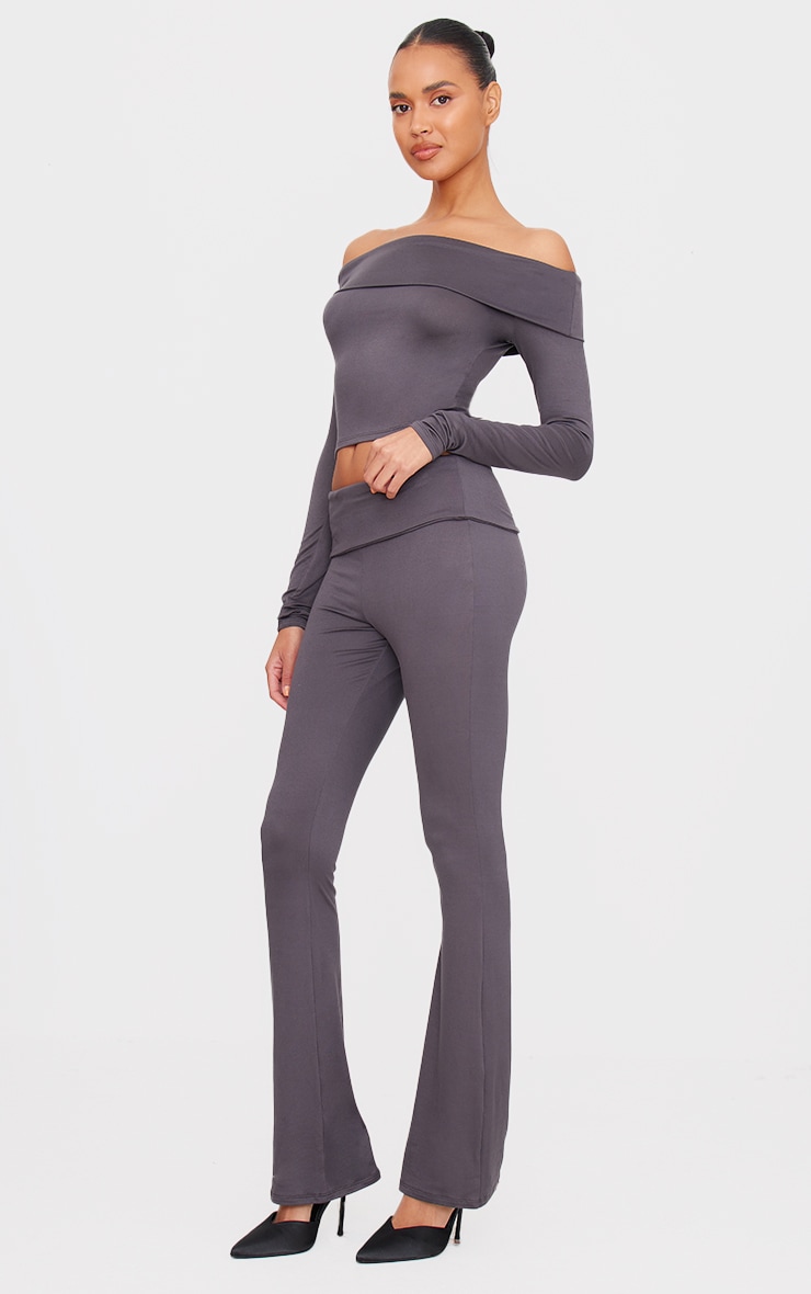 Charcoal Grey Soft Touch Fold Over Bardot Long Sleeve Long Top image 3