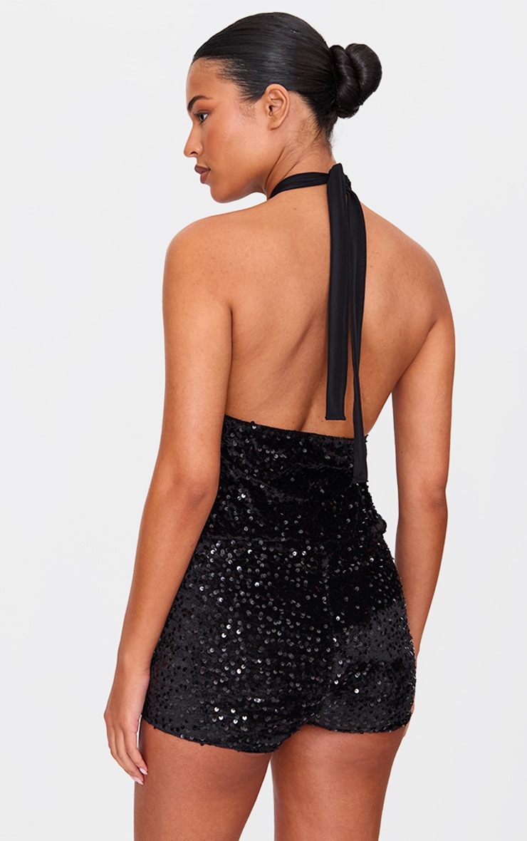 Tall Black Velvet Sequin Halterneck Playsuit image 2