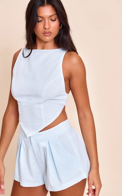 Baby Blue Linen Look Woven Open Back Top