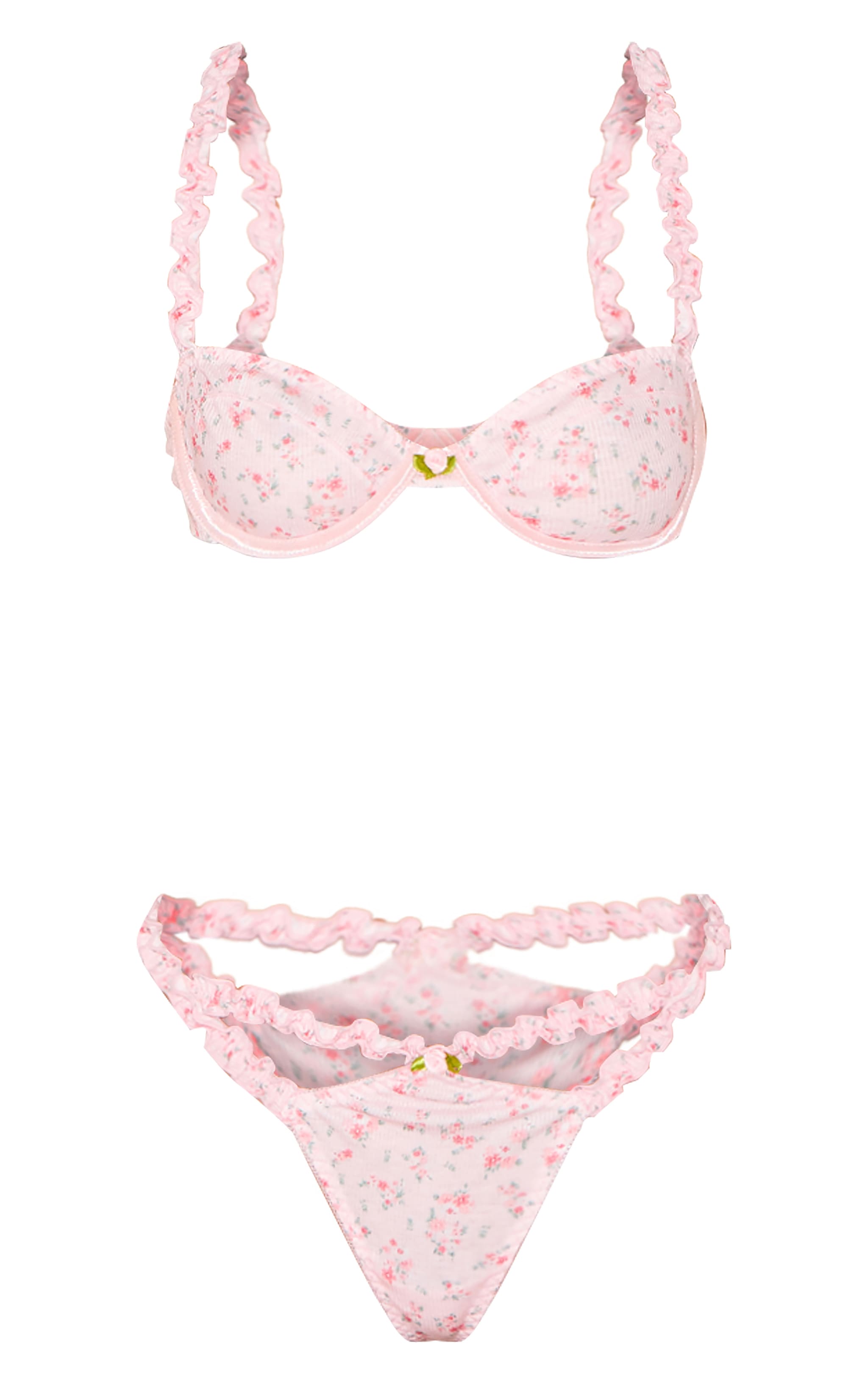 Pink Ribbed Floral Frill Underwired Lingerie Set image 5