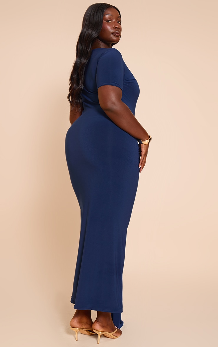 Plus navy Boat Neck Wrap Waist Detail Maxi Dress image 2