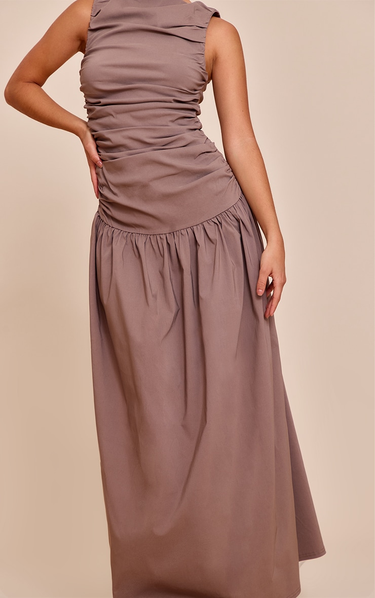 Taupe Stretch Woven Ruched Detail Drop Waist Maxi Dress image 4