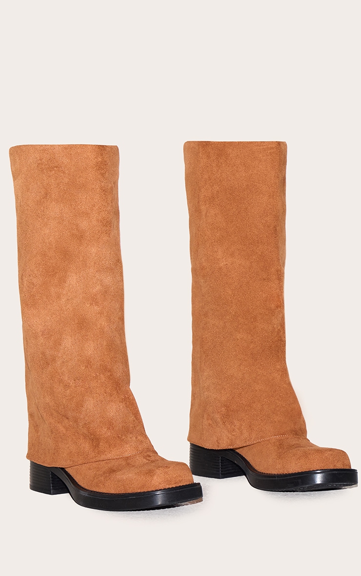Camel Faux Suede Block Heeled Fold Over Knee High Boots image 2