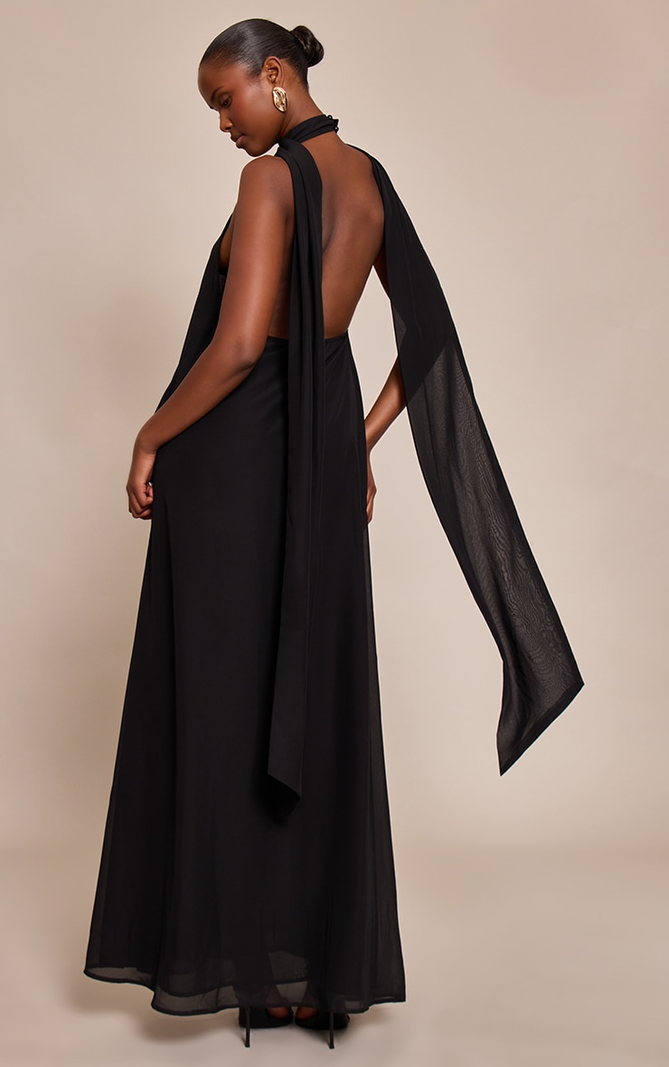 Black Chiffon High Neck Scarf Detail Maxi Dress image 2