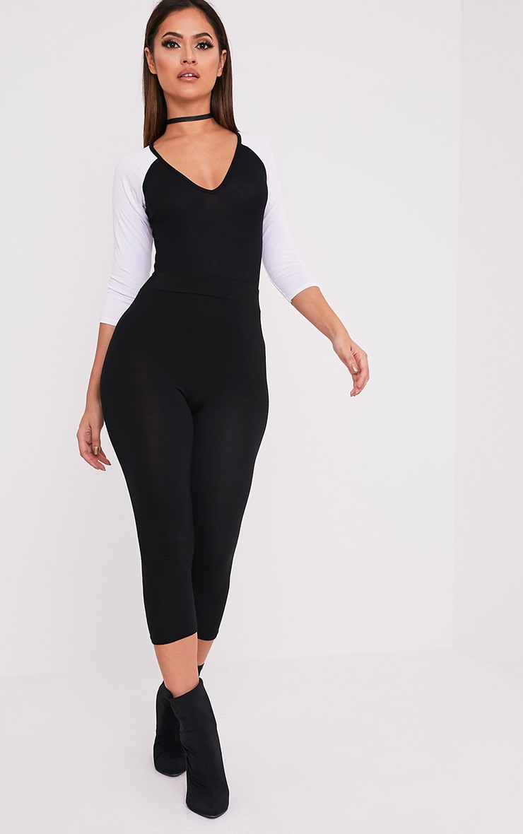Basic Black Jersey Contrast Sleeve Thong Bodysuit Tops