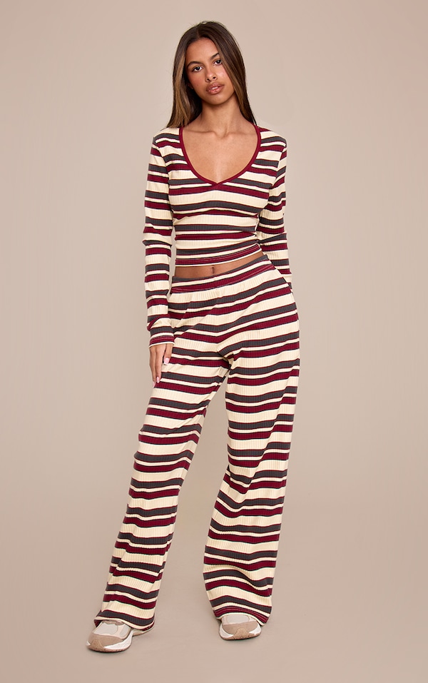 Petite Multi Stripe Ribbed Straight Leg Trousers 