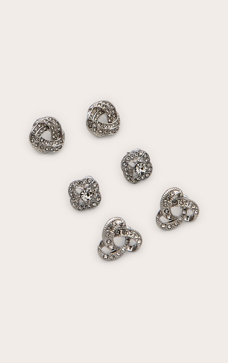 Silver Diamante Knotted Stud Earrings Multi Pack image 2